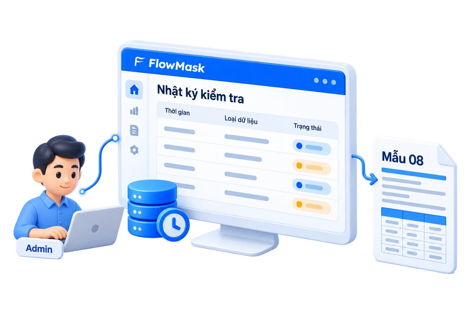 Trang quản trị FlowMask: lịch sử kiểm tra và thông tin hỗ trợ lập báo cáo Mẫu 08.
